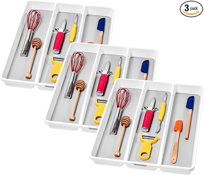 madesmart 3 Compartment Utensil Tray, Multi Purpose Storage Organizer, Non Slip Lining,Deep Storage for Ladles, Whisks & Serving Tools, for Drawers & Home Organization, White (Pack of 3)