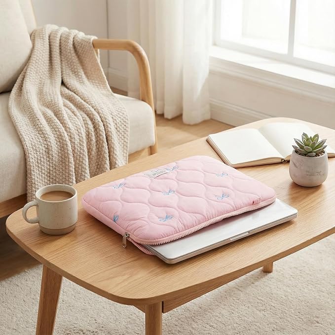 Cute Bow Laptop Case Coquette 13-15 Inch Puffy Laptop Sleeve Accessories Aesthetic Quilted Computer Bag for MacBook (Pink 1, 15-15.6)