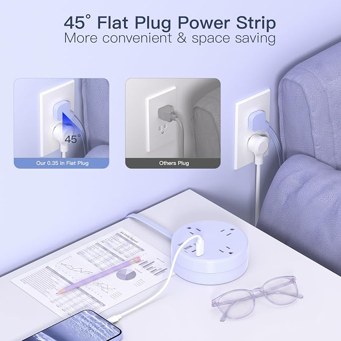 Addtam Travel Essentials Power Strip with USB C, Purple Cruise Approved Power Strip, 3 Outlets 4 USB Ports, 5ft Retractable Extension Cord for Travel, Dorm Room, Hotel, Cruise Ship Accessories