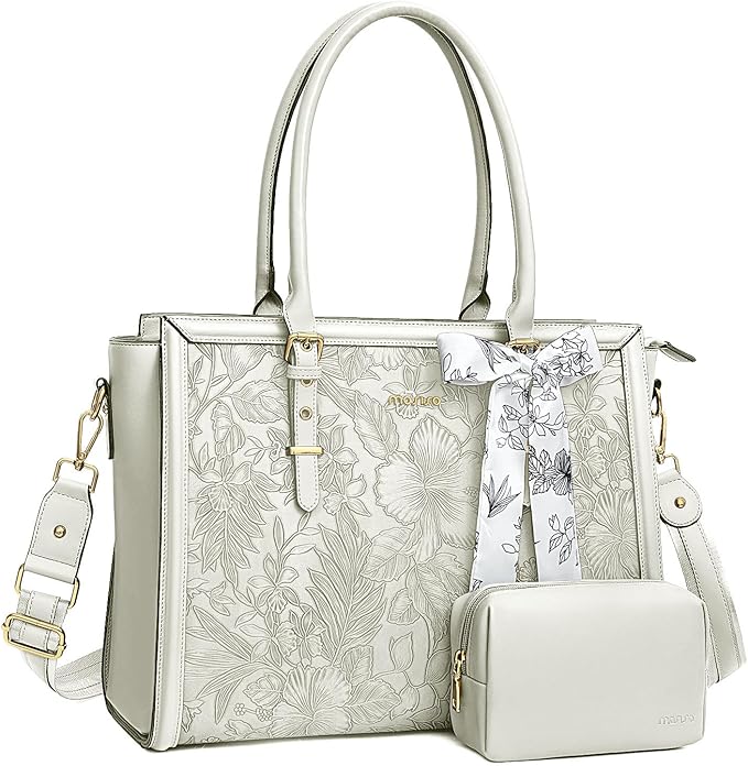 MOSISO Laptop Bag for Women, 15.6-16 inch PU Leather Tote Bag Compatible with MacBook, HP, Dell, Asus Notebook, Front Embossed Retro Hibiscus Computer Bags with Silk Scarf&Clutch Purse, Beige