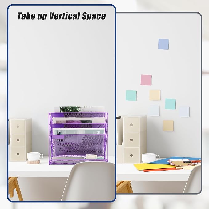 EASEPRES Desk File Organizer Mesh 4-Tier, Hanging Wall Mount Document Organization Stand, Desktop Vertical Mail Paper Folder Holder Rack with Bottom Tray for Office Home Cubicle Countertop, Purple