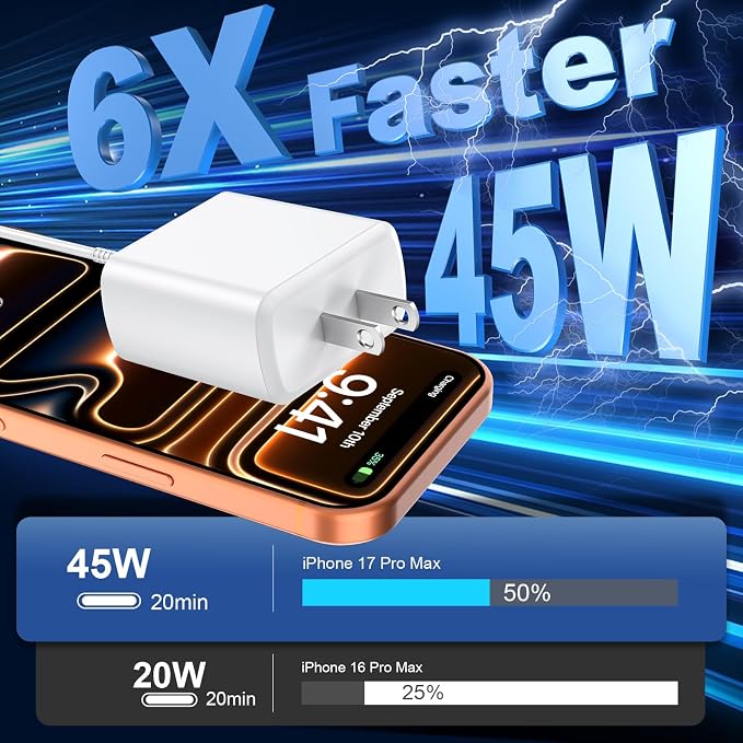 Phone 17 16 Pro Max Charger Fast Charging,45W Phone 17 Charger USB C Super Fast Charger Block&10FT Long Type C Charger Cable Cord for i.Phone 17/17 Pro/17 ProMax/Air/16/16Pro Max,Yellow/White