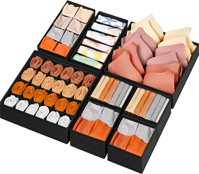 Drawer Organizer Clothes, 8 Pack Dresser Organizer Bins for Baby Clothes, Underwear Sock, Fabric Closet Organization and Storage Dividers for Nursery Bedroom (48 Compartments, Black)
