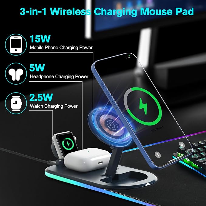 ELUTENG Mouse Pad with Phone Holder 4in1 Wireless Charging Desk Mat RGB Ultra-Smooth Gaming Mousepad Waterproof Home Office Large Desk Pad 31.5"x11.81" Large Desk Pad Non-Slip Base Keyboard Pad
