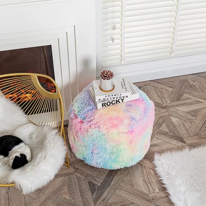 Asuprui Pouf Ottoman Unstuffed Round Bean Bag Poof Ottoman Seat Soft Faux Fur Footrest Stool 20x20x12 Inches Fuzzy Chair Floor Chair Foot Rest with Storage for Living Room Bedroom Rainbow Pouf Cover