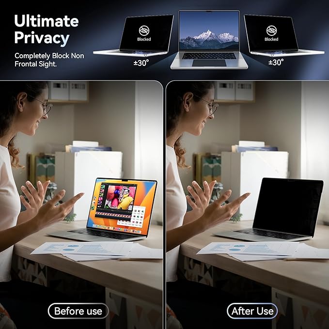 Privacy Screen Protector for MacBook Pro 16 Inch (2021-2026, M1, M2, M3, M4, M5), Easy On/Off Removable Anti Spy Blue Light Glare Shield Laptop Privacy Filter for Apple Mac Pro 16.2 in