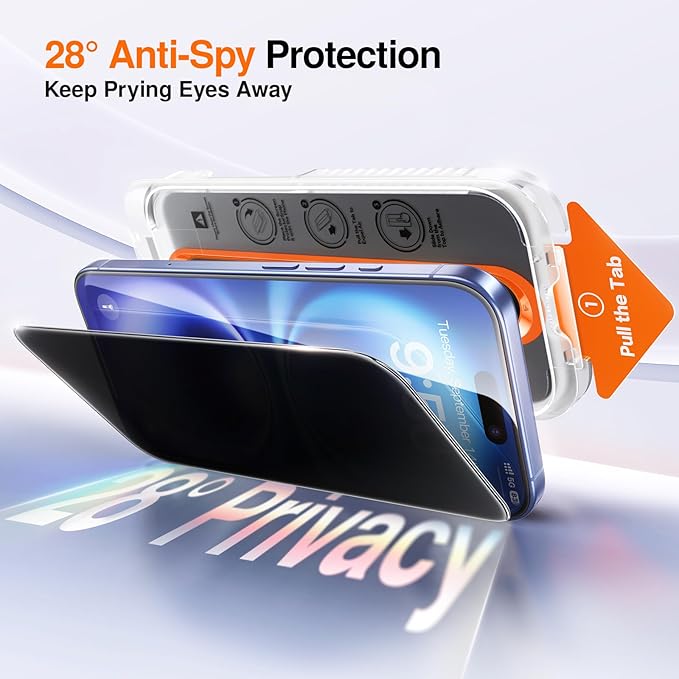 SMARTDEVIL 2 Pack Privacy Screen Protector for iPhone 16/ iPhone 15, Anti-Spy Tempered Glass Film, 9H Hardness Military Grade Shatterproof, Easy to Install, Auto Bubble-Free and Dust-Free Box