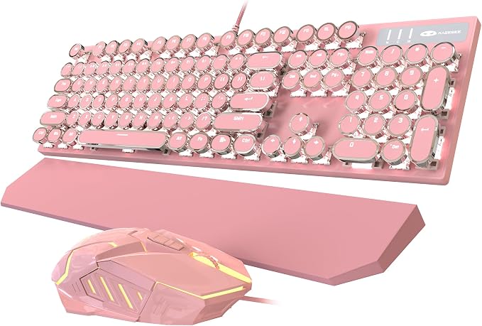Typewriter Mechanical Gaming Keyboard and Mouse Combo, Retro Punk Round Keycaps RGB Rainbow Backlit Wired Keyboard for Game and Office, for Windows Laptop PC, Red Switches(Pink)