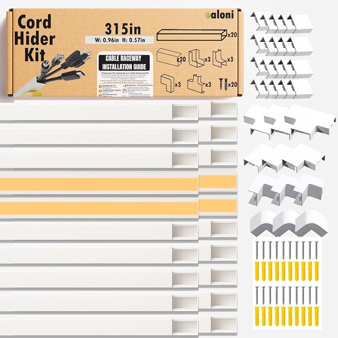 Cable Management Raceway Kit – 20 Pack 15.7” PVC Wire Hider with Connectors, T & L Corners, Inside & Outside Corners, Screws – Paintable Wall Cord Cover for TV, Home & Office
