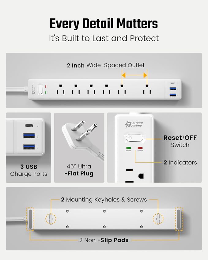 20Ft Long Extension Cord, SUPERDANNY Flat Plug Surge Protector Power Strip 20 Feet, 6 Outlets & 3 USB Ports, Wall Mountable Power Bar for Home Office, Dorm Room
