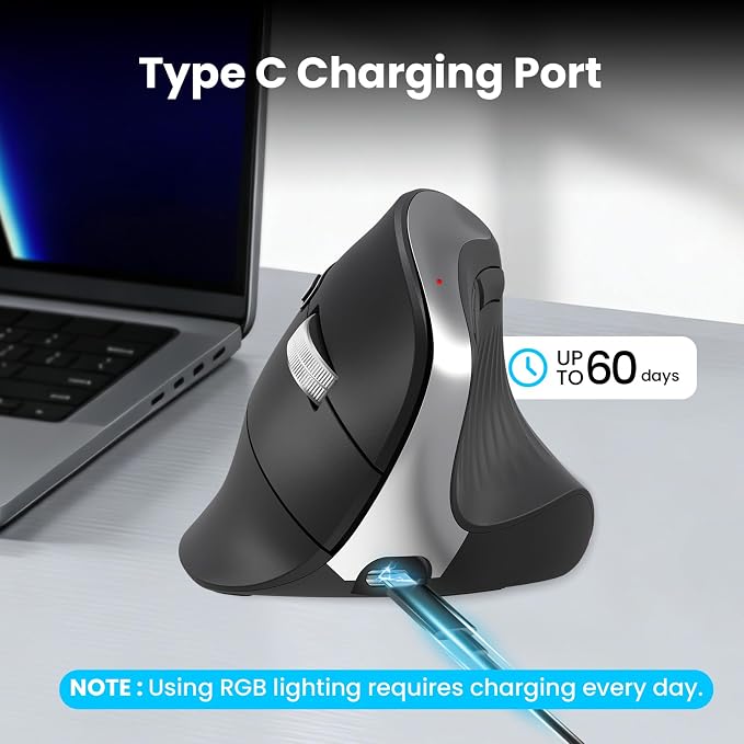 CITLLA Wireless Ergonomic Vertical Mouse, Rechargeable Tri-Mode (Dual Bluetooth + 2.4G USB) Optical Mouse with Adjustable RGB Lighting, Multi-Device Control for Laptop, PC, Mac, iPad, Desktop (Black)