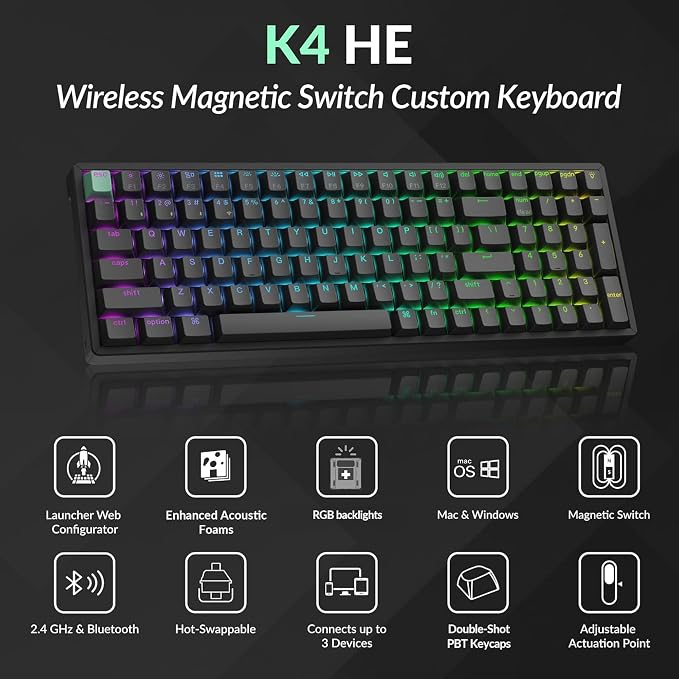 Keychron K4 HE 96% Wireless Hall Effect Keyboard with Number Pad, Rapid Trigger Magnetic Switches, QMK Launcher, 2.4GHz/Bluetooth/Wired, Mac & Windows, Aluminum Frame, Black (Shine-Through)