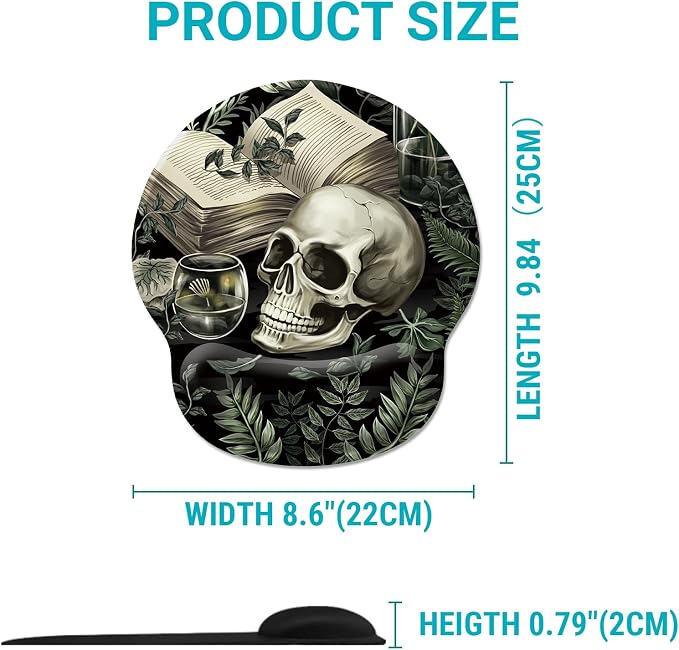 Hancynir Goth Funny Skull Plant Mouse Pad with Wrist Rest, Gothic Book Leaves Ergonomic Mouse Pads, Computer Mousepad with Non-Slip Base, Cute Mouse Pad for Desk Accessories Office Decor Supplies