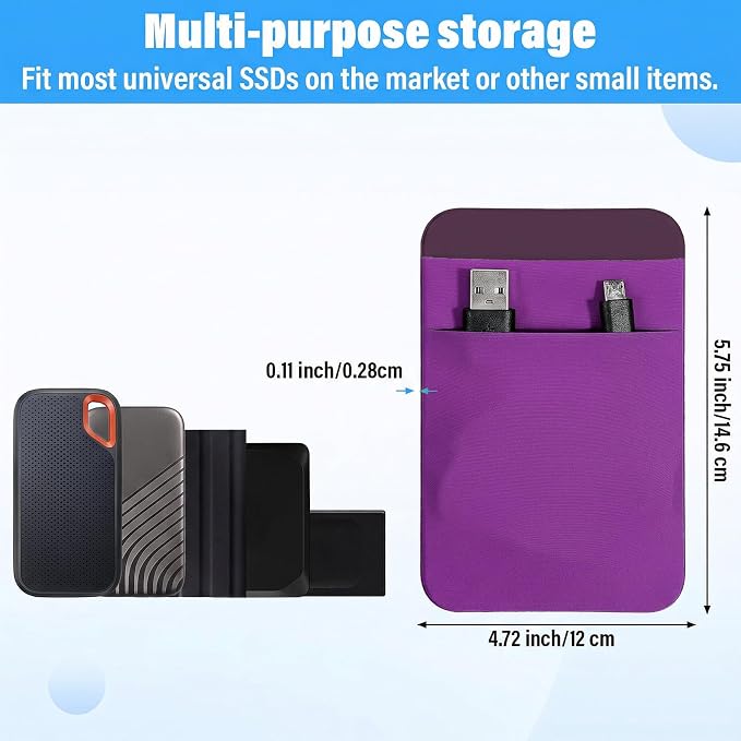 Portable Hard Drive Sleeve 2-Pocket Stick on Pouch with Reusable Adhesive SSD Hard Drives Carrying Case Computer Accessories Pouch Holder for Most Laptop External Solid State Drive Mouse USB Cable