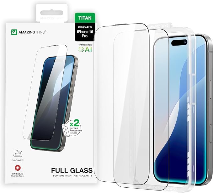 AMAZINGthing for iPhone 16 Pro [Titan - Full Glass] Screen Protector, Ultra Clear, 9H Tempered Glass, Built-in Dust Filter Full Coverage, Case‑Friendly, Oleophobic, Easy Installation, 2 Pack