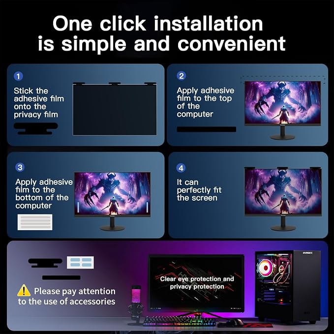 [2 Pack] 24 Inch Magnetic Hanging Computer Privacy Screen for 16:9 Widescreen Monitor, Eye Protection Anti Glare Blue Light Filter, Removable Reusable 24in Anti Spy Security Protector Film