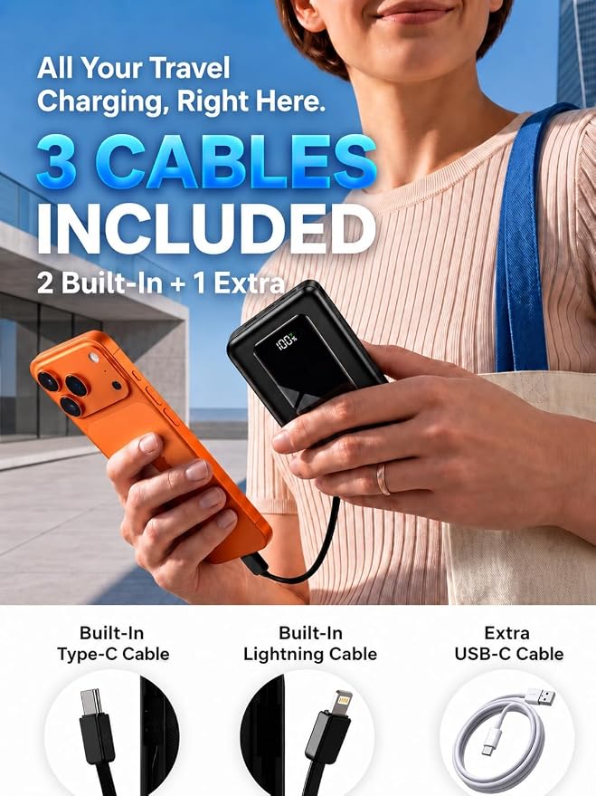 Portable Charger Power Bank 50000mAh, 22.5W PD Fast Charging Battery Pack with Built-in USB-C/iOS Cables, Flashlight, Camping Travel Essential for iPhone 17/16/15, MacBook, Samsung - Ebony