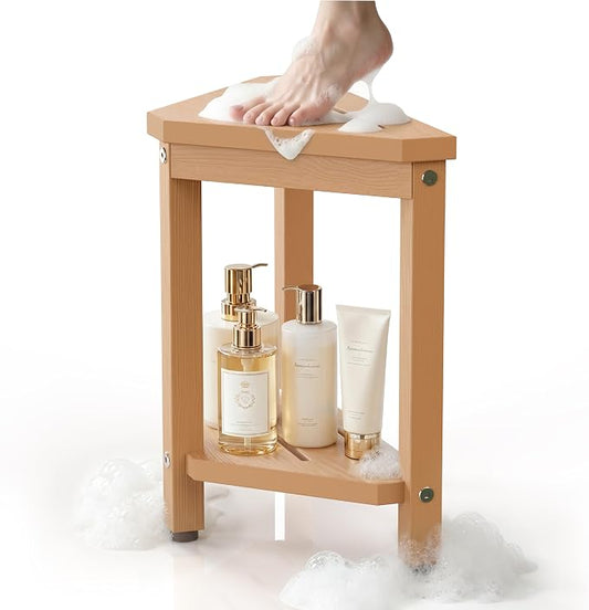 Shower Foot Rest 14in, HDPE Waterproof Shower Stool for Inside Shower, Corner Shower Stool for Shaving Legs with Storage Shelf, Shower Step Stool for Small Space, Plastic Corner Shower Bench, Teak