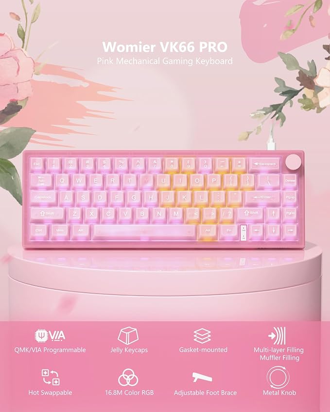 Womier 60% Keyboard QMK/VIA, Pink Gaming Mechanical Keyboard Creamy, Hot Swappable Gasket Mount RGB Wired Jade Key Board & Jelly Translucent Keycaps(VK66 PRO- Jelly)