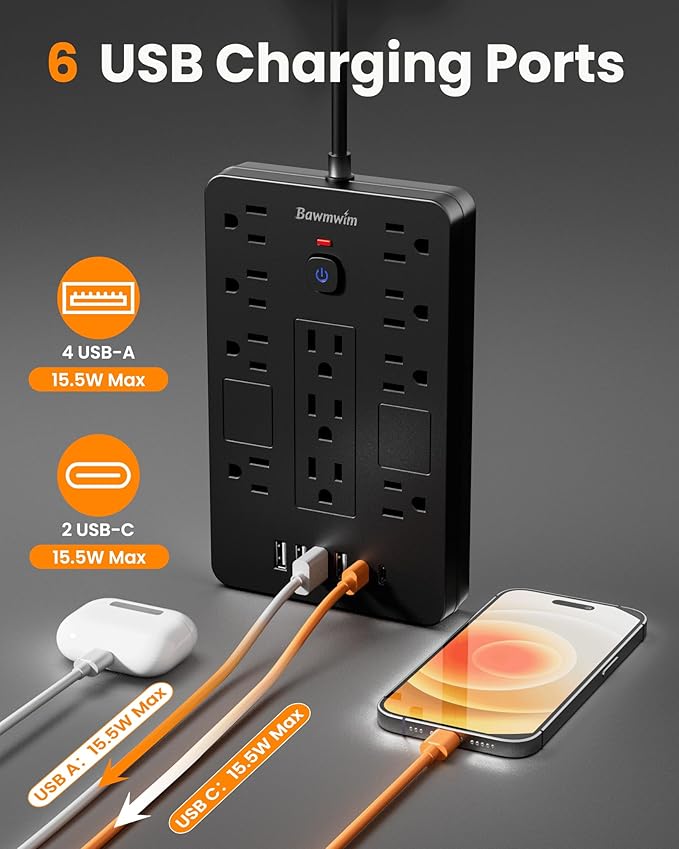 Surge Protector Power Strip - 11 Outlets(1850W/15A/14AWG) with 6 USB Ports(2 USB C), 20FT Flat Plug Extension Cord, Wall Mount, Black, ETL Listed for Home, Dorm Room