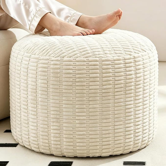 Round Corduroy Ottoman Foot Rest Pouf for Living Room Couch - Soft Plush Shredded Foam Filled Hassock Stool, Comfy Footstool for Adults (Cream - Chunky Corduroy, 26 INCH×18 INCH)