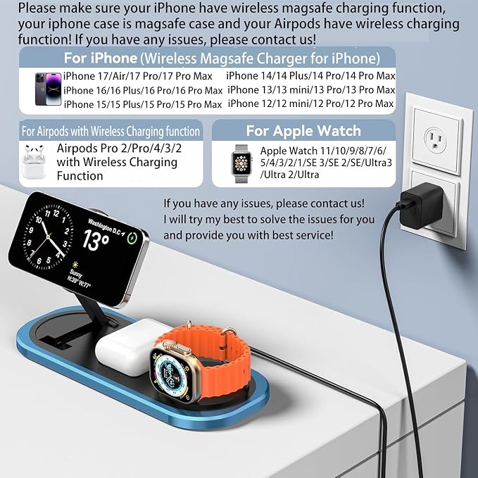 3 in 1 Fast Wireless Charger Stand for iPhone, Foldable Travel Charging Station for Magsafe for iPhone 17/Air/16/15/14/13/12 Series, Apple Watch Series, AirPods pro/2/3/4, 2025 Christ mas Gifts (Blue)