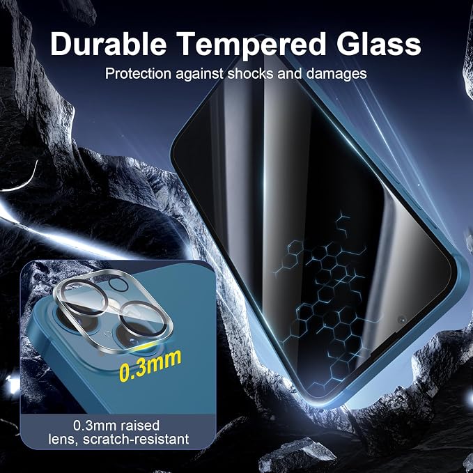 NEW'C 3x Privacy for iPhone 13 Screen Protector (6.1 inches)+ 3x Camera Lens Protector, Sensor Protection, Case Friendly Tempered Glass Film + Dust Plug- Enhanced Privacy Angle of 28 Degrees