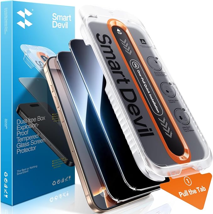 SMARTDEVIL 2 Pack Privacy Screen Protector for iPhone 16 Pro Max, Anti-Spy Tempered Glass, 9H Hardness Military Grade Shatterproof, Easy to Install, Auto Bubble-Free and Dust-Free Box, Case Friendly