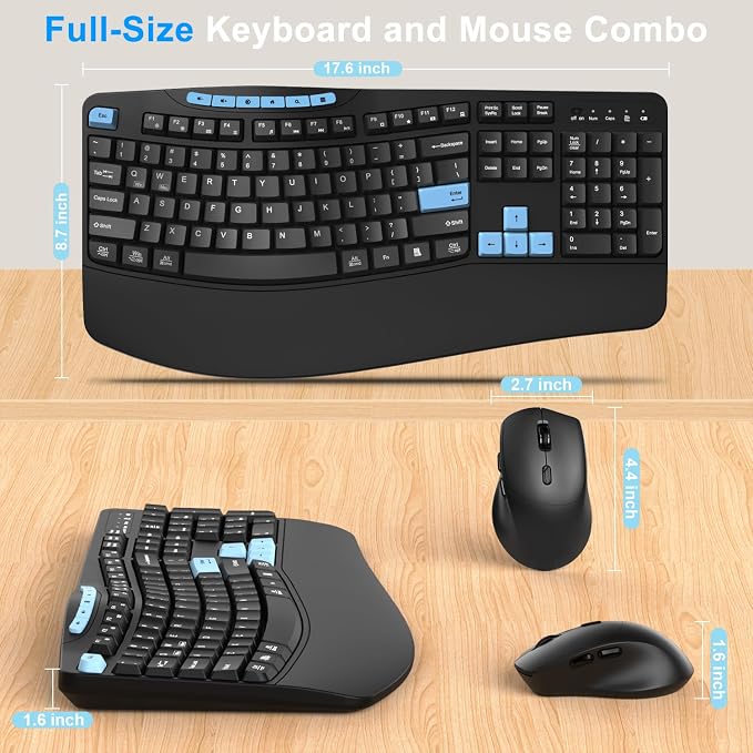 Wireless Keyboard and Mouse Combo, Ergonomic Keyboard with 6 Multimedia Keys, 2.4G Full Size Keyboard with Wrist Rest, 3-Level DPI Wireless Silent Mouse with 6-Buttons, for Windows (Blue Black)