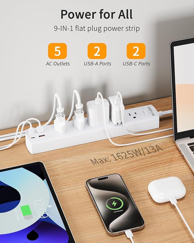 DEPOW Power Strip Surge Protector with 5 AC Outlets(1625W/13A) 4 USB Ports (2 USB C), Ultra Thin Extension Cord, Low Profile Flat Plug, 1700 Joules, Wall Mount for Home Office, White，10 Ft