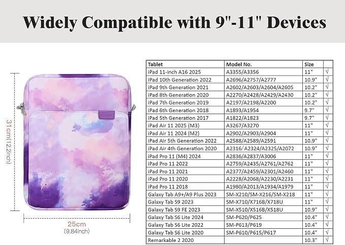 TiMOVO 9-11 Inch Tablet Sleeve Bag with Shoulder Strap for iPad 11-inch A16 2025, iPad 10th Gen. 10.9"/10.2", Galaxy Tab A9+/A11Plus 11", Watercolor Purple