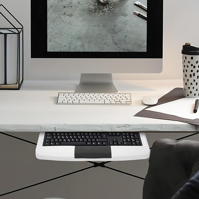 Adjustable Under Desk Keyboard Tray with Mouse Platform and Pen Holder, White Sliding Keyboard Mount System for Office Workspace Organizer