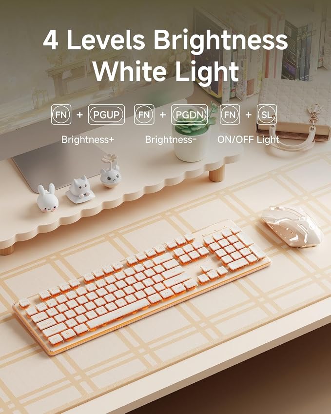 SEUNKWANG EWEADN V3 Wireless Keyboard and Mouse with Single Backlit, Metal Panel, Bluetooth/2.4G Rechargeable Computer Keyboard and Mouse Combo Silent Lighted Full Size Cute Keyboards-Rose Gold