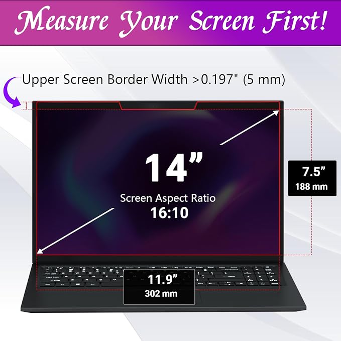 PYS 14 Inch 16:10 Magnetic Laptop Privacy Screen, Anti-Glare Blue Light Filter, Removable Privacy Shield for Lenovo, HP, Dell