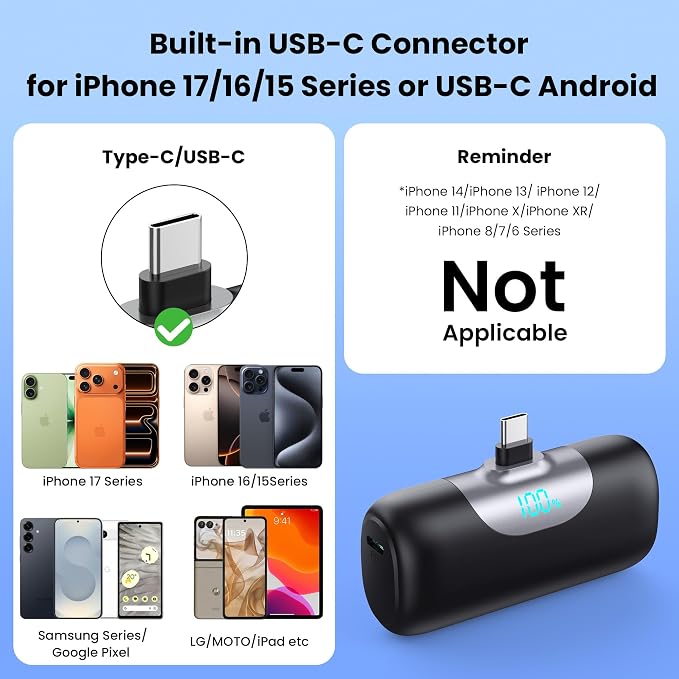 [2-Pack]Mini Portable Charger for iPhone 17/16, 5500mAh LCD Display USB C Power Bank,Fast Phone Charging Travel Pocket Size Battery Pack for iPhone 17/17 Pro/17 Pro Max/Air/16/15 Series,Android,etc