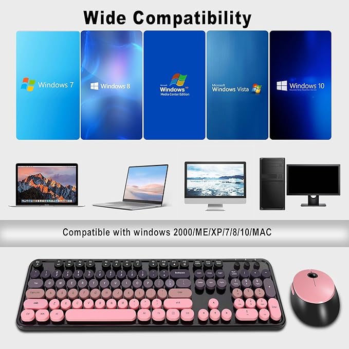 Kootop Wireless Keyboard and Mouse Combo, Cute Colorful 104 Keys Typewriter Retro Round Keycaps Keyboard for PC Laptop,Desktop,Windows, Home and Office Keyboards(Black and Pink)