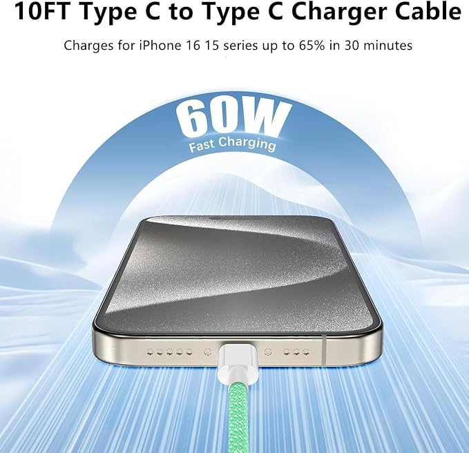 USB C to C Charger Cable 10ft, 60W Type C to C Fast Charging Cable Cord Long for Apple iPhone 17 Pro Max/17 Air/16 Pro Max/16 Pro/15 Plus/15 Pro Max/MacBook 2021/2020/2019,iPad Pro/Mini/Samsung Galaxy