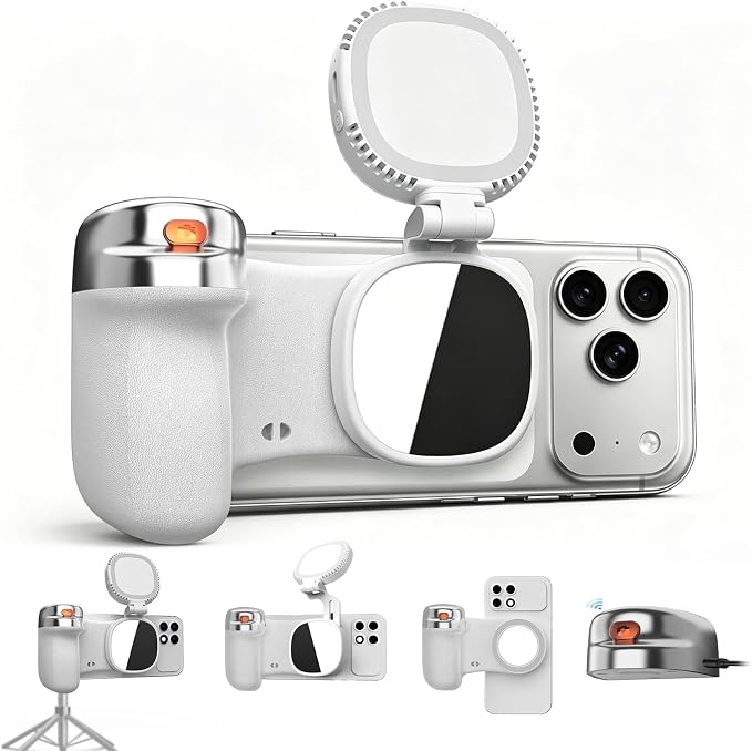 Magnetic Phone Camera Grip with Selfie Light for Content Creators, Wireless Shutter, Stable Video&Better Lighting, Portable Grip for TikTok, Vlog, Selfies, Travel & Video Calls, iPhone&Android (White)