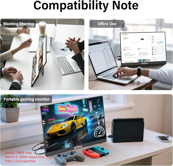 InnoView 16" Portable Monitor 180Hz FHD 1920×1200 100% sRGB Laptop Screen Extender | 2 x Type-C & HDMI Portable Monitor for Macbook/Switch/PS5/Xbox (Support 165Hz 144Hz 120Hz)