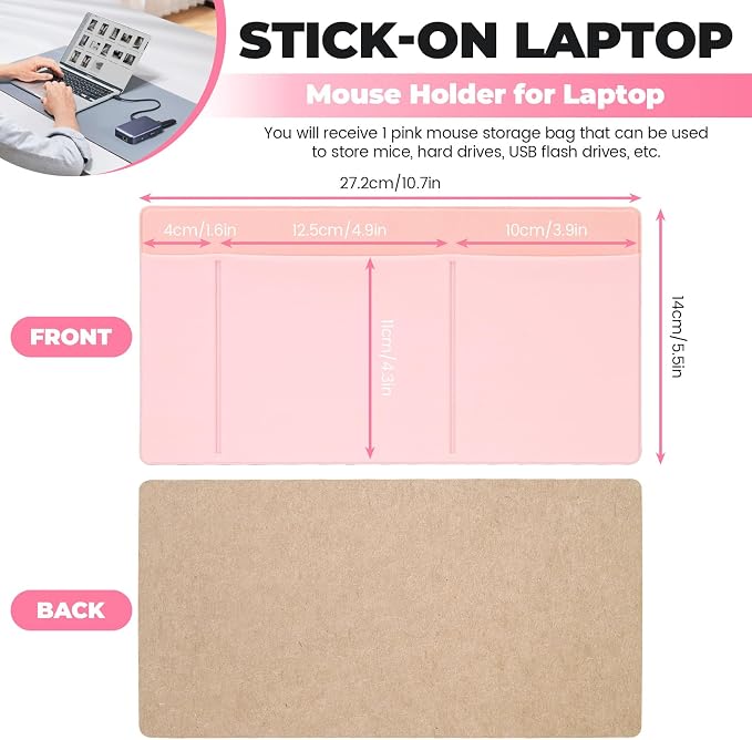 3-Pocket Laptop Pouch for Mouse & Hard Drive, Adhesive Holder Case Elastic Sleeve Pocket for External Portable SSD, Phone, USB Cable, Pen, Pink