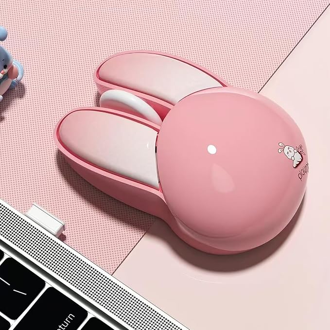 Lomiluskr Cute Bunny Wireless Mouse, Lightweight Soundless Mice, 2.4G Wireless Mice, Candy Colors, Kawaii Rabbit Mouse for Girls and Kids (Pink Bunny)
