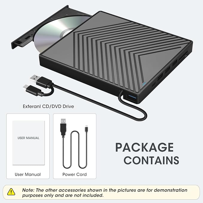 ROOFULL Ultra Slim External CD/DVD Drive USB 3.0 & USB-C with 4 USB Port Hub and 2 SD/TF Card Slot, 8-in-1 CD DVD Burner Reader Writer Optical Disk Drive for Windows 11/10 Laptop PC Mac MacBook Linux