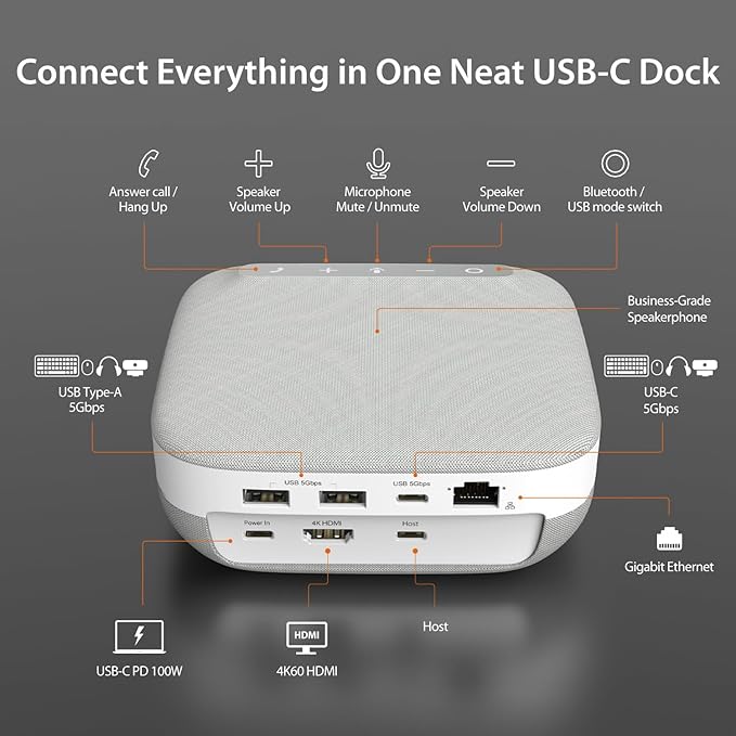 j5create USB-C 4K Speakerphone Dock, All-in-one Audio Dock for Video Conference, 4K HDMI, USB-A x 2, USB-C, Gigabit ethernet, Pass-Through Charging - Works with Teams, Zoom, and Google Meet (JCDS335)