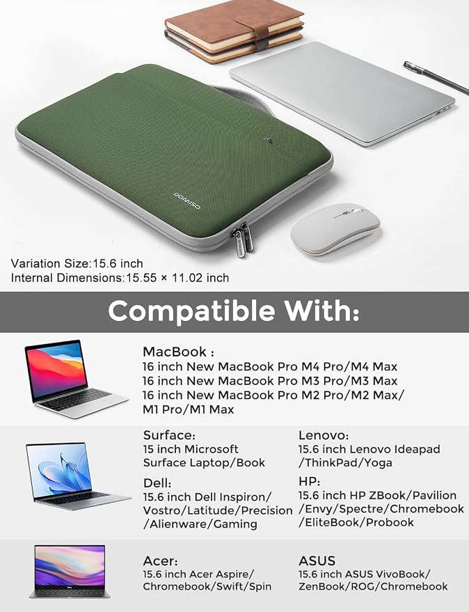 DOMISO 15.6 inch Laptop Case Sleeve Protective Cover Compatible with 16 inch MacBook Pro M4 M3 M2/Pro Max,15.6-16 inch HP Dell ASUS Lenovo Chromebook,Waterproof Computer Cases Bag,Avocado Green