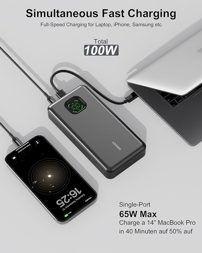 65W Power Bank, 25000mAh Travel Essential USB C Laptop Portable Charger, 100W Total Fast Charging Battery Pack for MacBook Dell XPS iPad Tablet Steam Deck iPhone 17-12 Series Samsung Switch and More