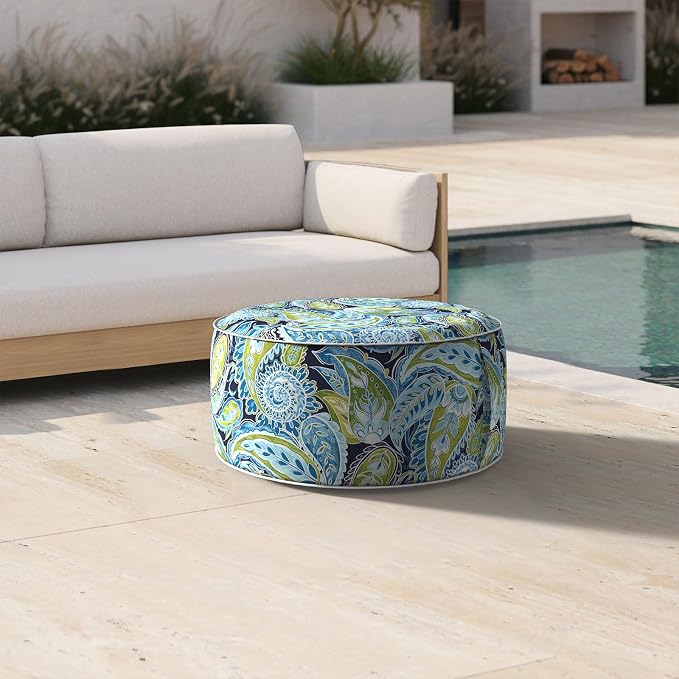 DYTXIII Inflatable Ottoman Stool D21 xH9 for Outdoor/Indoor Use, Water Repellent Patio Foot Rest with Portable Handle,Round Pouf Ottoman Suitable for Garden,Deck and Camping - Paisley Lapis Green