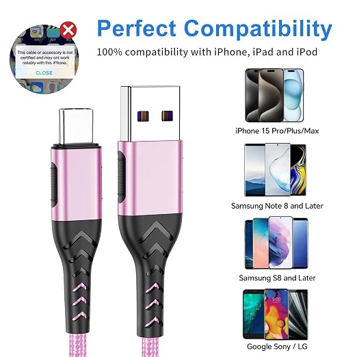 Durcord 2Pack 3ft USB A to USB C Cable, USB Type C Cord Cable for Android Phone Pad Laptop, Type C Charger Braided Compatible with iPhone 15 Pro/Plus/Max/Android/Phone/Pad-Rose Gold