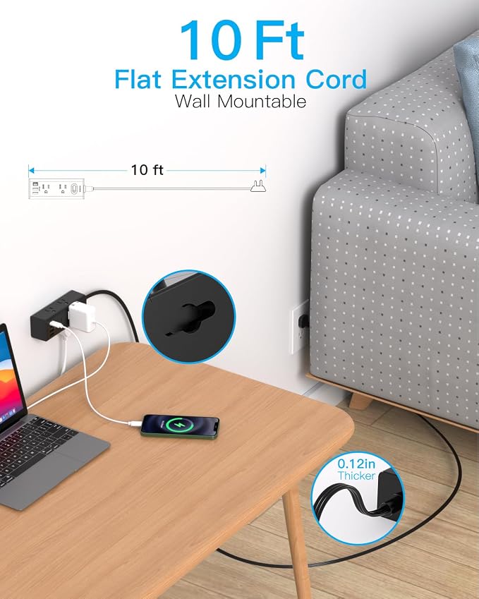 10Ft Extension Cord with Multiple Outlets, Flat Plug Power Strip Surge Protector with 10 Ft Long Cord, 6 Outlet 3 USB Ports (2 USB C), Multi Outlet Wall Plug for Travel, Dorm Room Essentials-Black