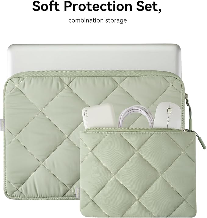 LANDICI Puffy Laptop Sleeve Carrying Case 14 15 Inch Compatible with MacBook Pro 14/15, MacBook Air M2 15, Surface Laptop 4/5, Chromebook 14, Cute Computer Cover Bag with Accessories Pouch, Green