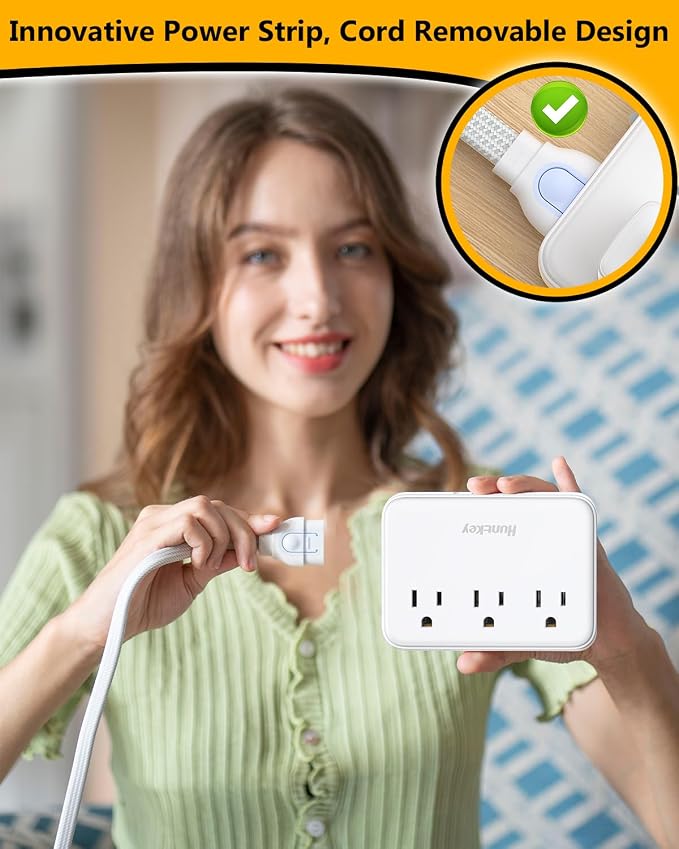 Innovative Power Strip, Cord Removable Design (4FT), Huntkey 3 Outlets Non Surge for Cruise, Travel Power Strip with 4 USB Ports (2 USB-C, 2 USB-A), ETL Listed